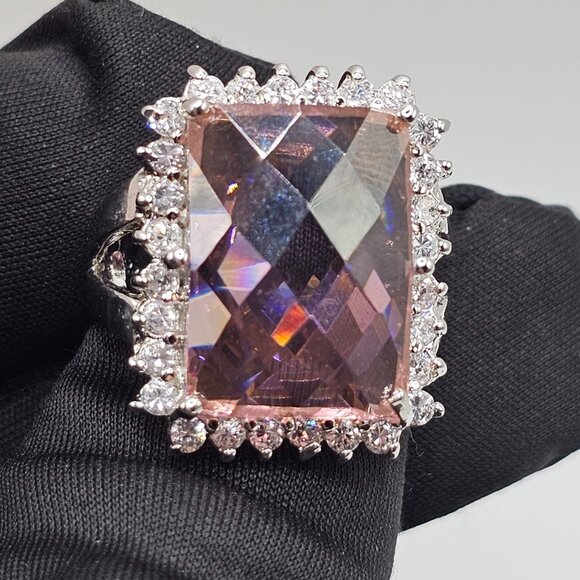 Sterling Silver 925 Rhodium Plated Large Pink CZ Cocktail Ring - Picture 5 of 12